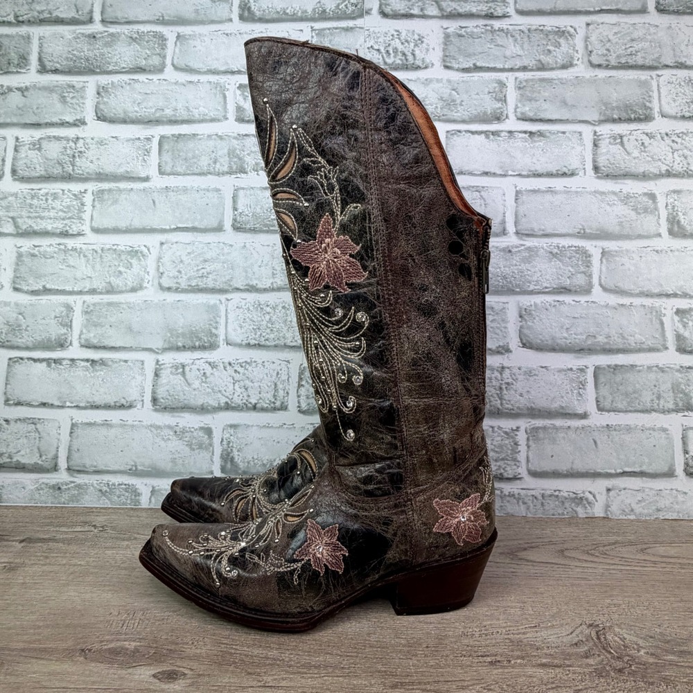 Vaccari Floral Embroidered Western Boots Distressed Brown Womens 6.5